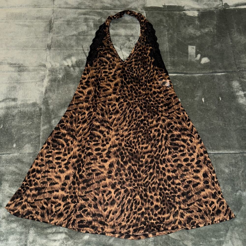 Chemise Halter Dress Women’s Medium Brown Black Leopard Print Lace Lingerie Slip - Picture 7 of 7